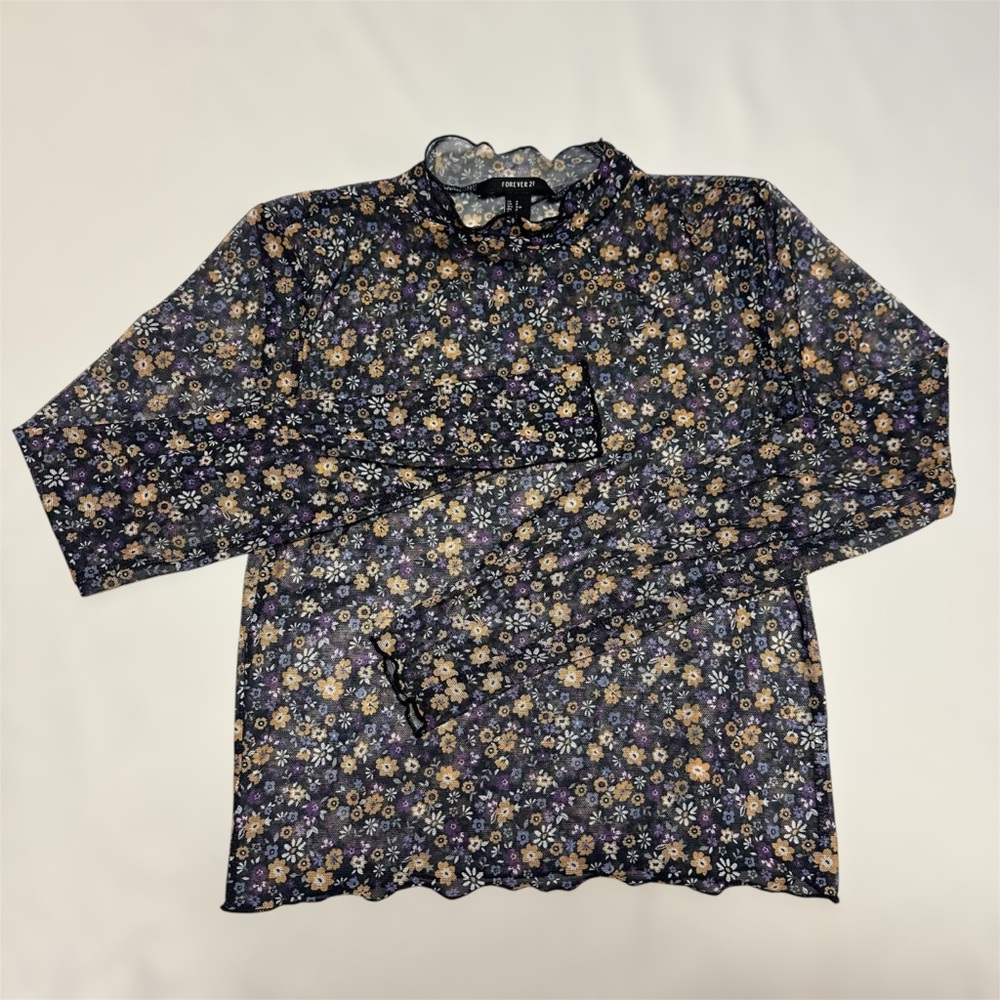 Forever 21 Black Floral Print Mesh Top